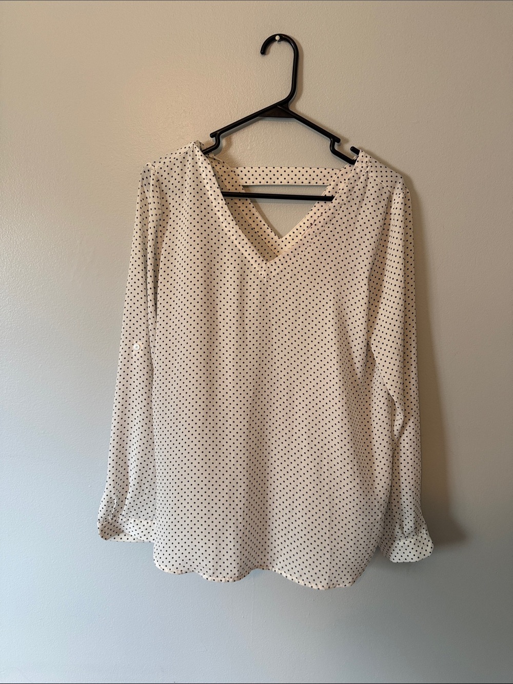 LOFT White V-Neck Long Sleeve Blouse with Black Polka Dots